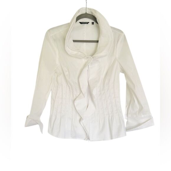 Samuel Dong White Wired Ruffled Collar Long Sleeve Zip Front Blouse Size M - Picture 2 of 9